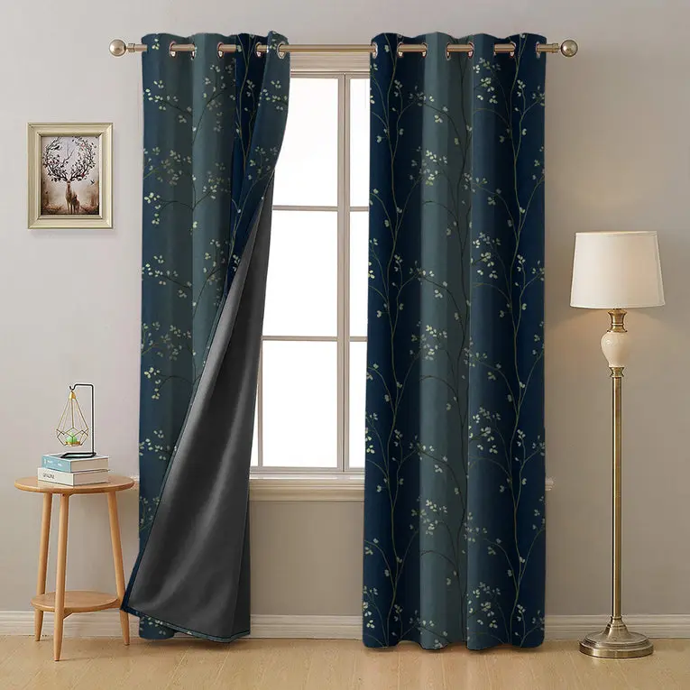 Mini Floral | Trellis Floral Midnight Blue Heavy Satin Room Darkening Curtains