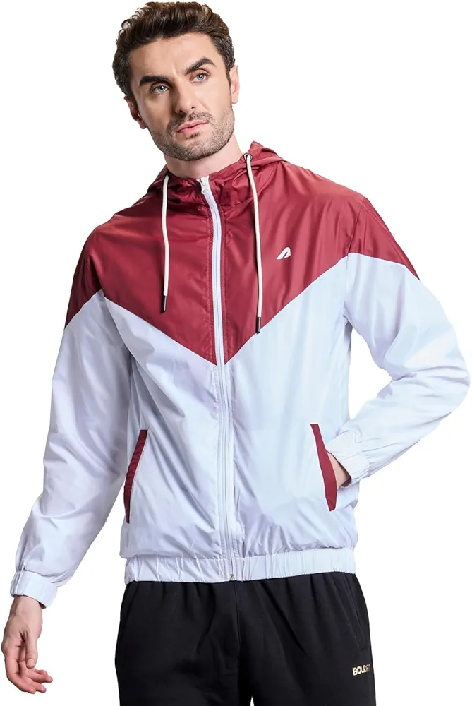BoldFit | Men's Windcheater Jacket | White & Maroon | Colorblock Sporty Hoodie