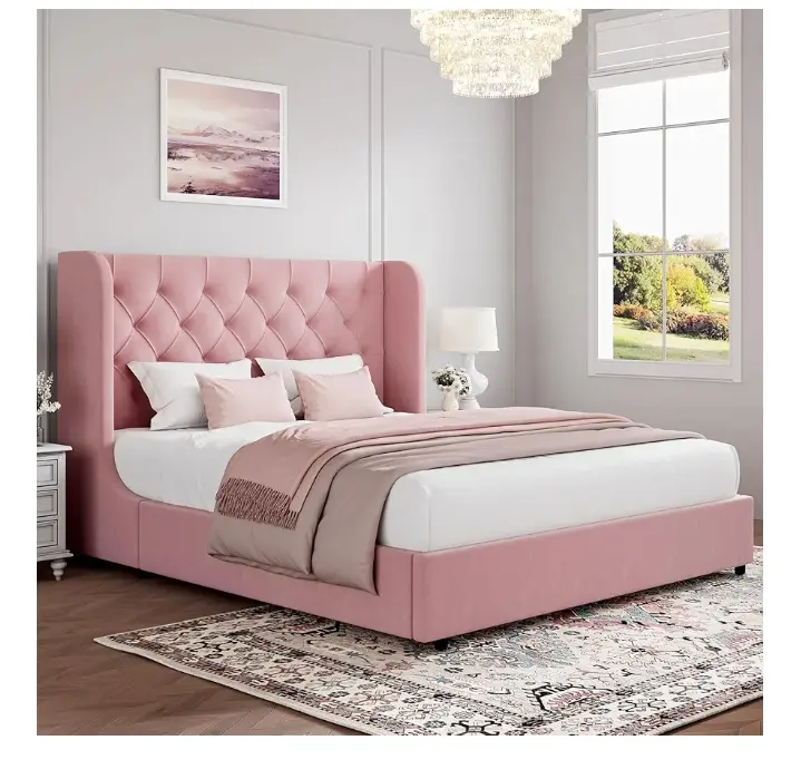 HOMBCK | Pink Upholstered Elegant Queen | Bed Frame 