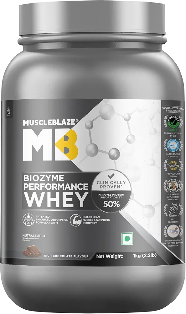 Muscle blaze Biozyme Performance Whey Protein Powder | Rich Chocolate Flavor | 1kg 25g Protein