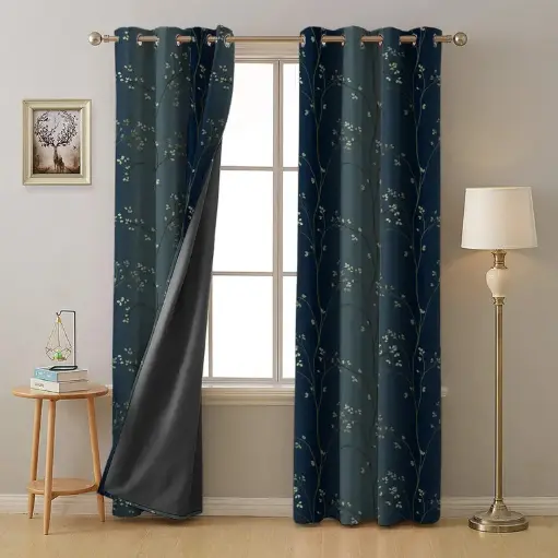 Mini Floral | Trellis Floral Midnight Blue Heavy Satin Room Darkening Curtains