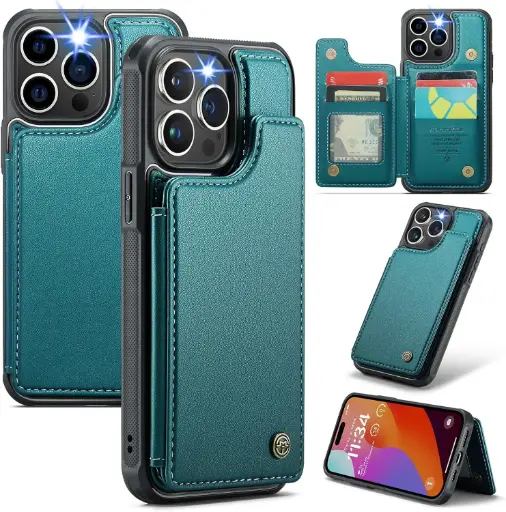 Teal Blue Leather iPhone 16 Pro Max Case with Card Slot