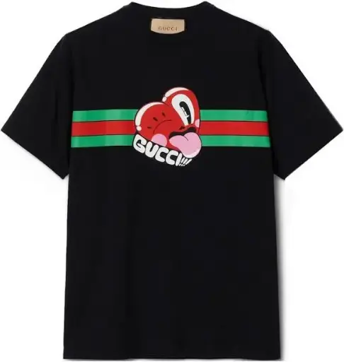 GUCCI | Heart Stipe Black Cotton T-Shirt