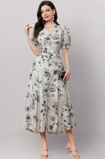 Bollyclues | Elegant Floral Delight Puff Sleeve Dress 