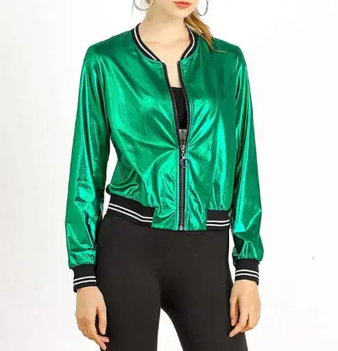 Allegra K | Emerald Flash | Bright Green Shiny Bomber Jacket