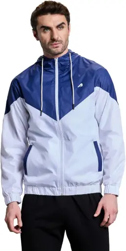 BoldFit | Men's Windcheater Jacket | White & Navy Blue | Lightweight Zip-Up Hoodie