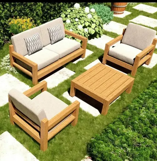Outdoor & Garden Sofa Set With Wooden Accents & Coffee Table | 4-Piece