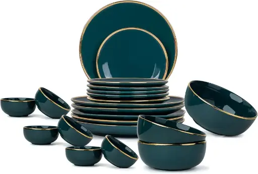 Shay | Teal Gold Ceramic Dinner Set - 21 Pieces Crockery
