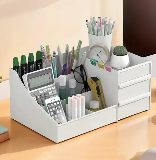 Kuber Industries 8-Compartment Stationery and Desk Organiser with Drawers for Students | White