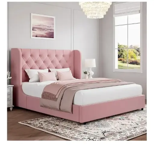 HOMBCK | Pink Upholstered Elegant Queen | Bed Frame 