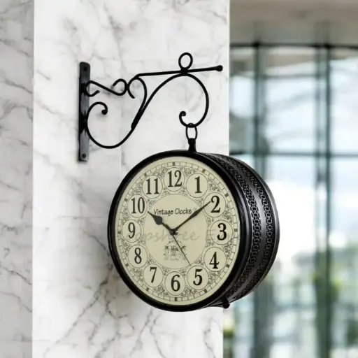 Vintage Clock 8-Inch Double-Sided Black Hand-Crafted Metal | Wall Clock